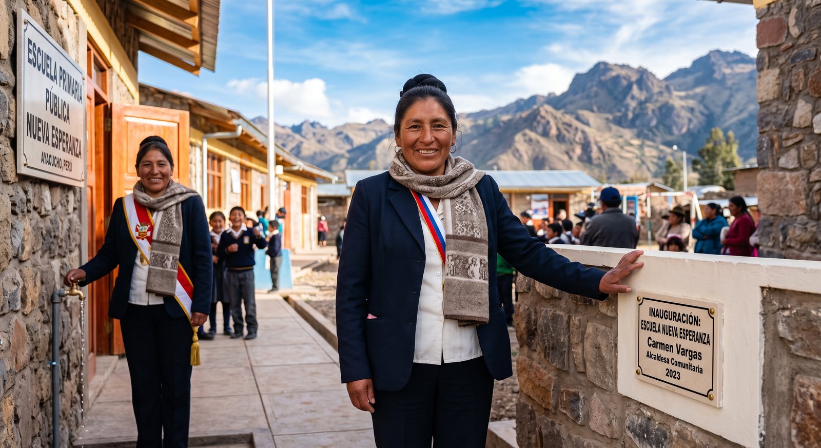 Autoridad local mostrando colegio nuevo construido con canon minero