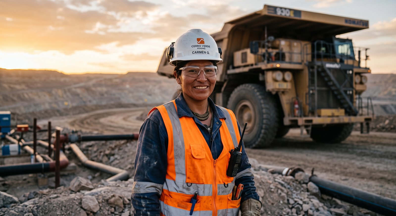 Mujer técnica minera peruana con casco y equipo, sonriendo en operación